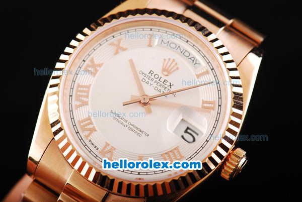 Rolex Day Date Swiss ETA 2836 Automatic Movement Full Rose Gold with White Dial and Rose Gold Roman Markers - Click Image to Close